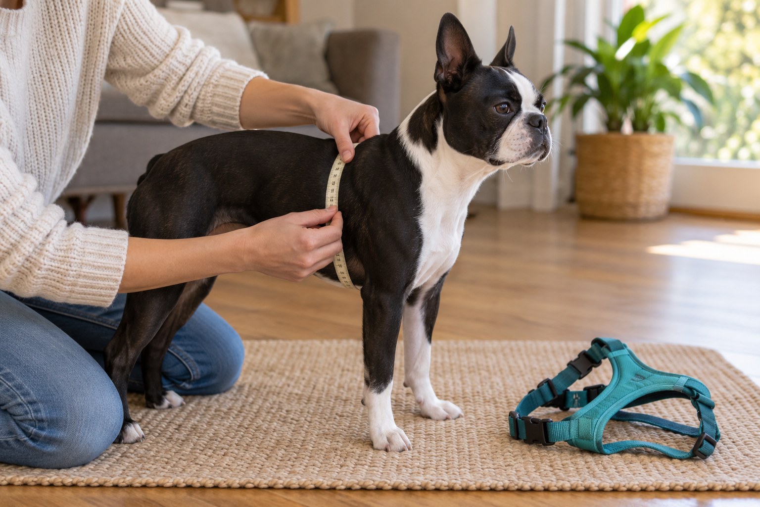 A relaxed Boston Terrier has its chest measured behind the front legs beside a teal harness.