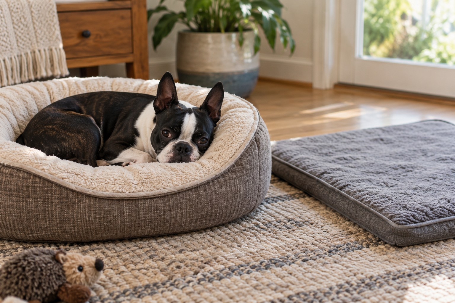 Boston Terrier curled comfortably in an oval bolster bed, with a flat rectangular mat nearby to compare resting shapes.