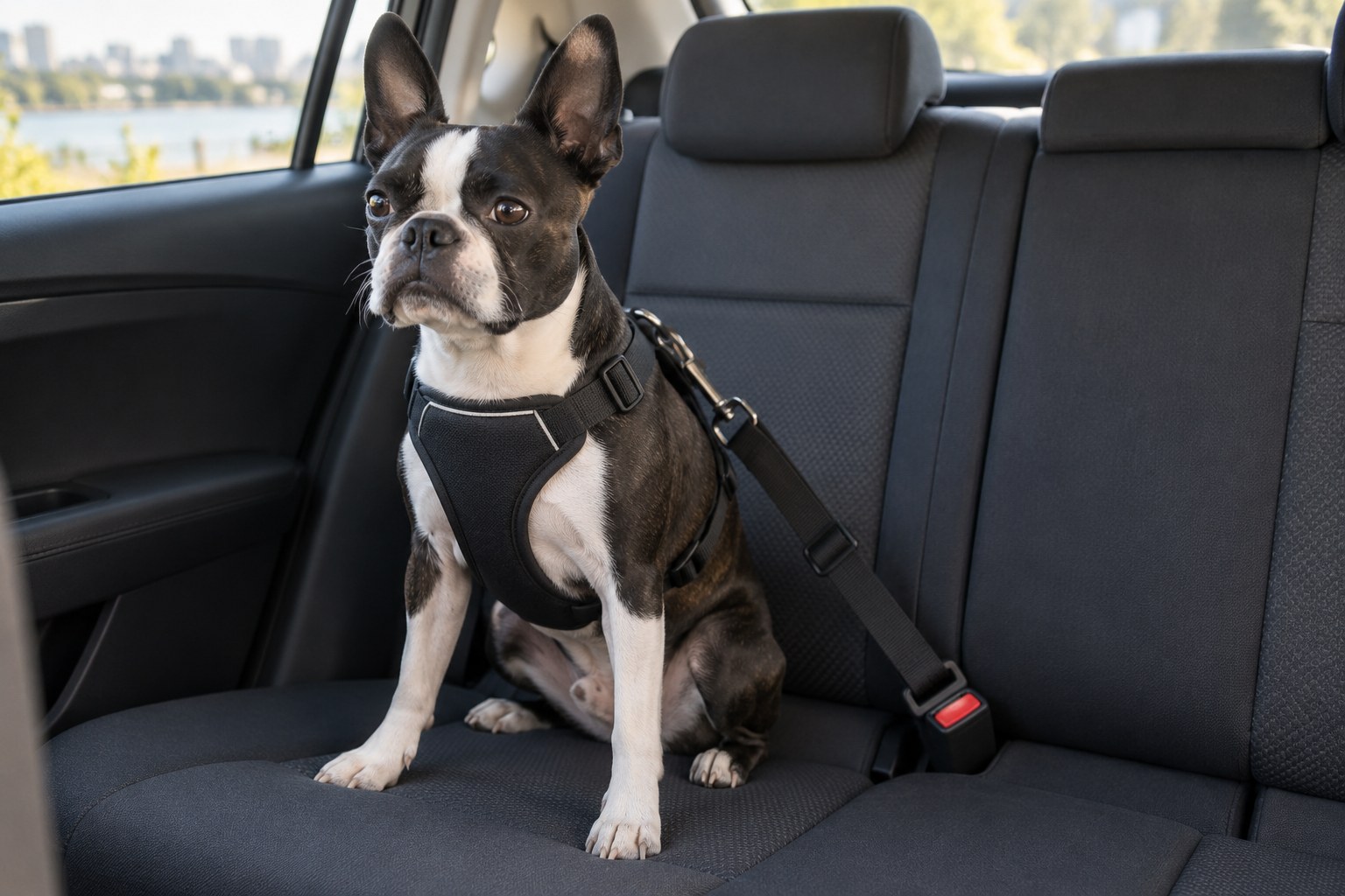A calm Boston Terrier on a rear car seat wearing a plain padded travel harness connected to an appropriate short seat restraint