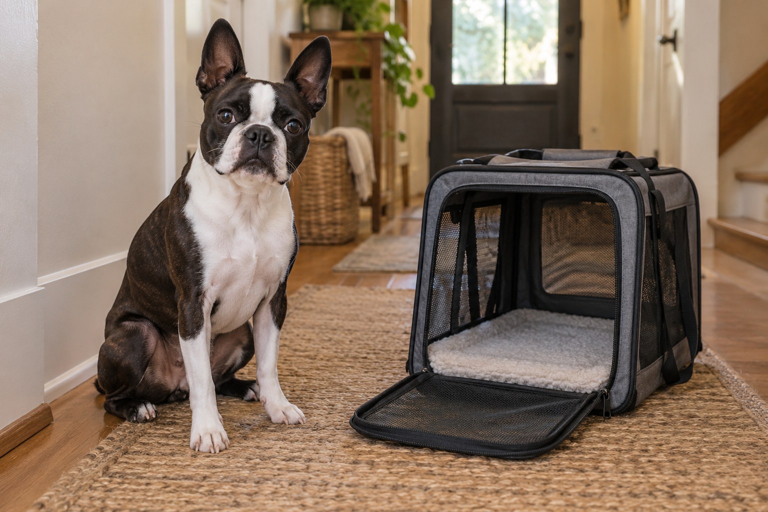 Boston Terrier sitting beside an open soft-sided pet carrier on a hallway floor