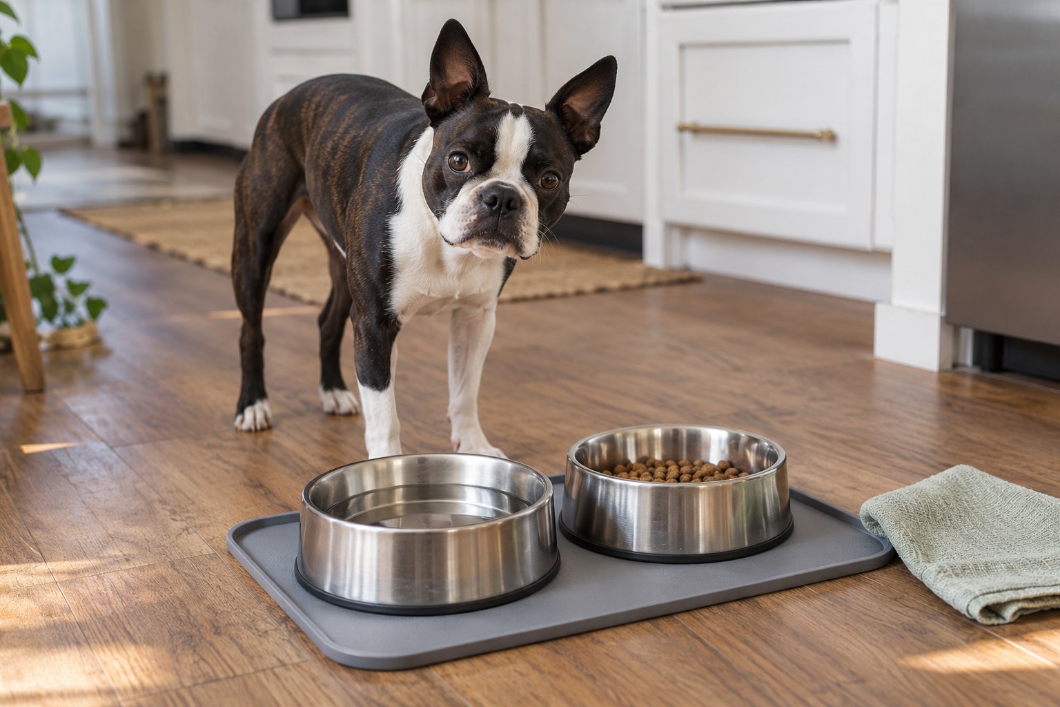 Two stainless dog bowls on a washable rimmed silicone mat on a kitchen floor, with a small cleaning cloth nearby.