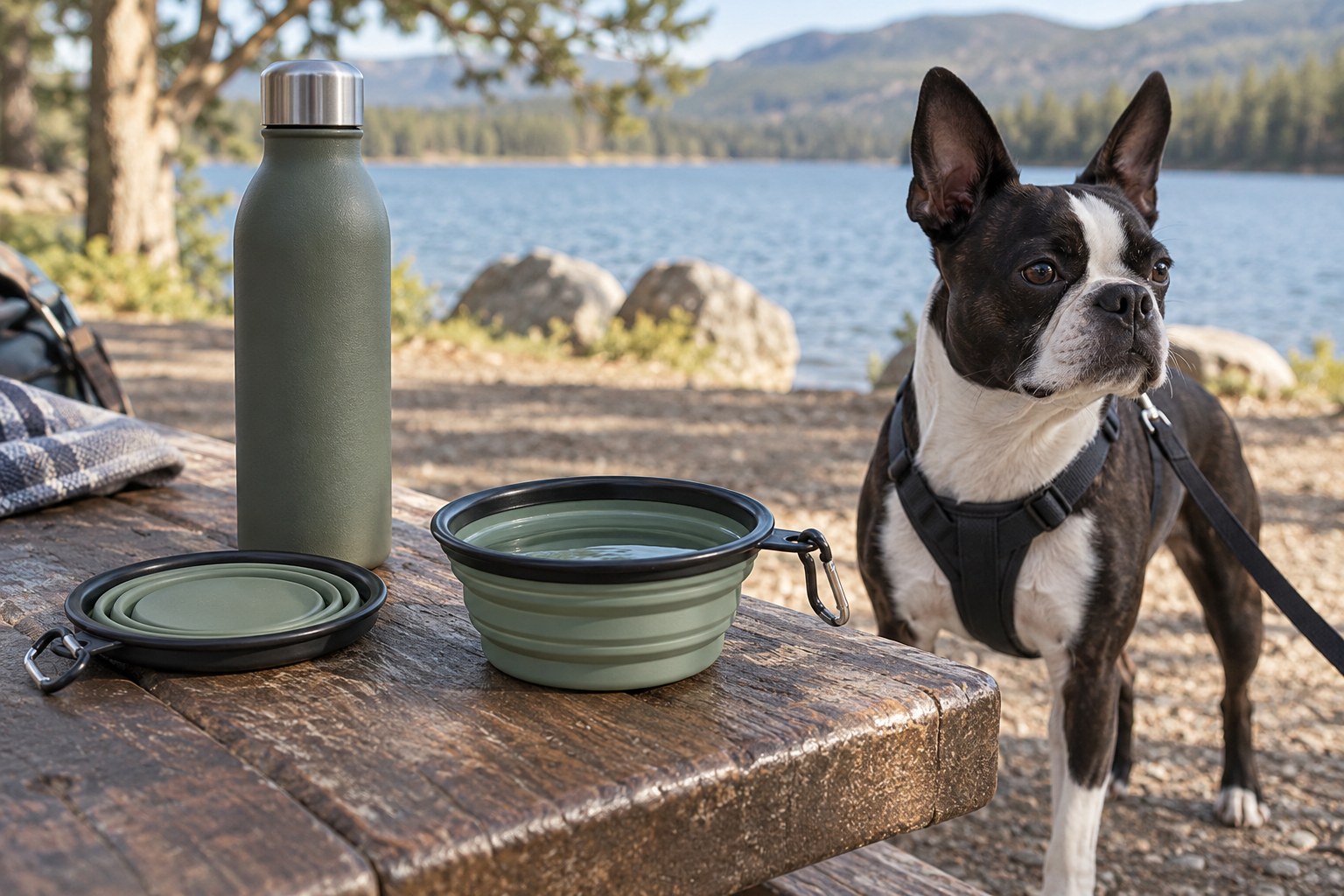 A collapsed and an opened portable silicone water bowl beside a capped water bottle on a picnic bench, Boston Terrier on leash nearby.