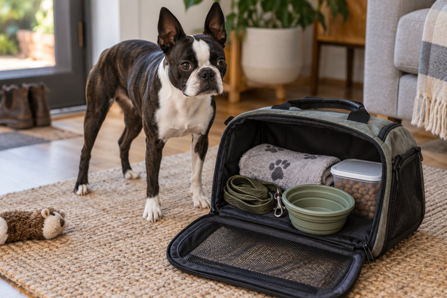 Open small pet travel bag neatly packed with folded towel, leash, collapsible bowl and a plain food container