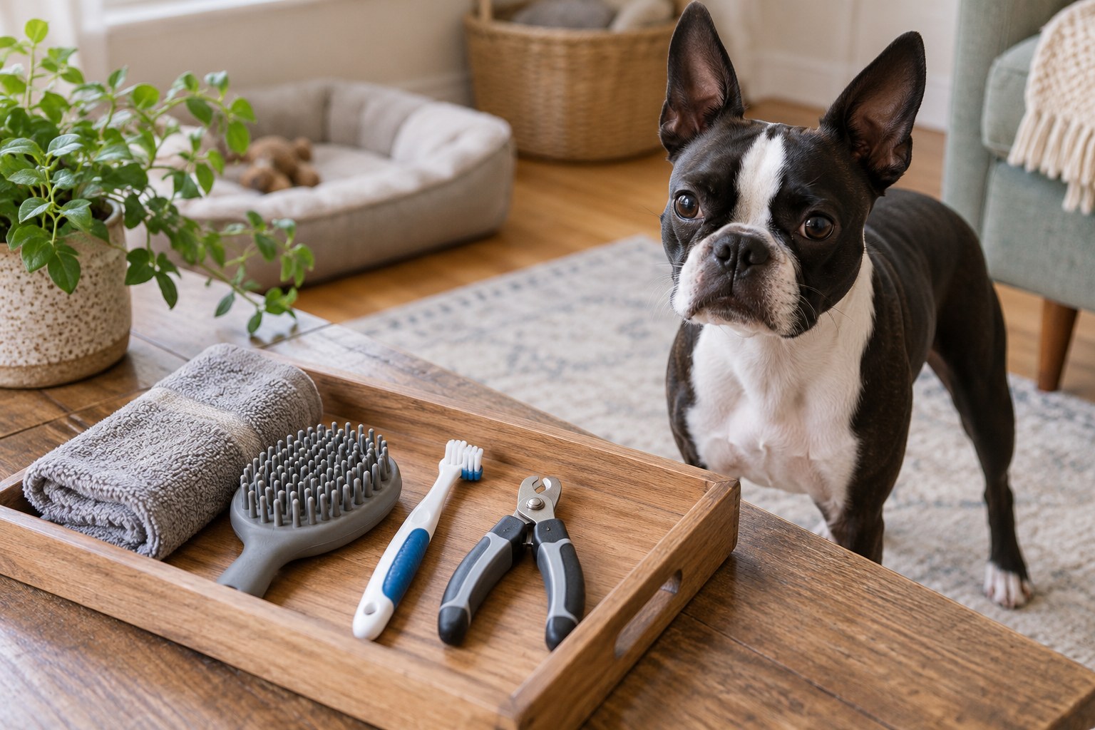 Small organised grooming tray holding a soft rubber brush, pet toothbrush, dog nail tool and folded towel