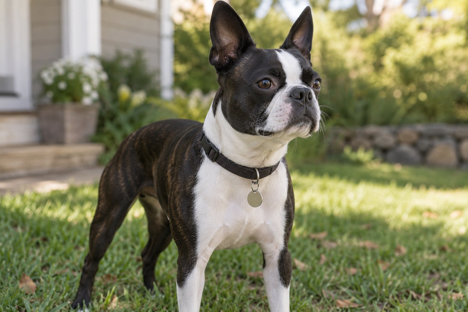 Close view of a Boston Terrier wearing a correctly fitted plain collar with a small blank metal identification tag, no readable personal details.