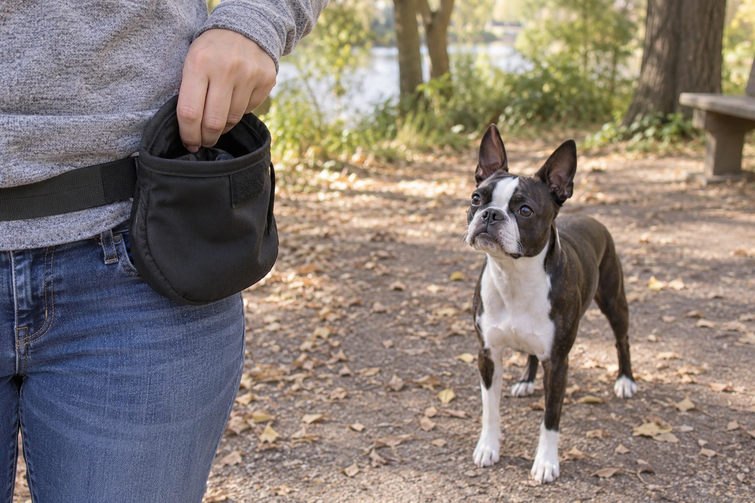 Hand opening a waist-mounted plain treat pouch one-handed while a Boston Terrier stands calmly at a short distance.