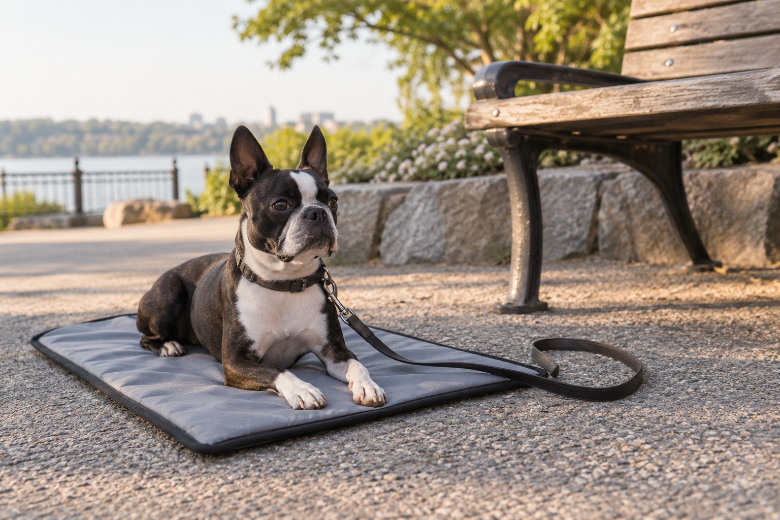 Boston Terrier settling on a portable rectangular mat beside an outdoor bench with space around it and a loose leash.