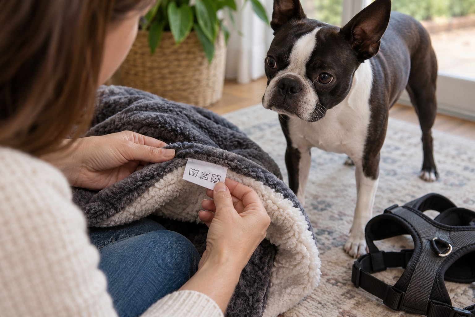 Hands examining a stitched care label on a washable dog blanket, label contains laundry symbols only, plain harness nearby.