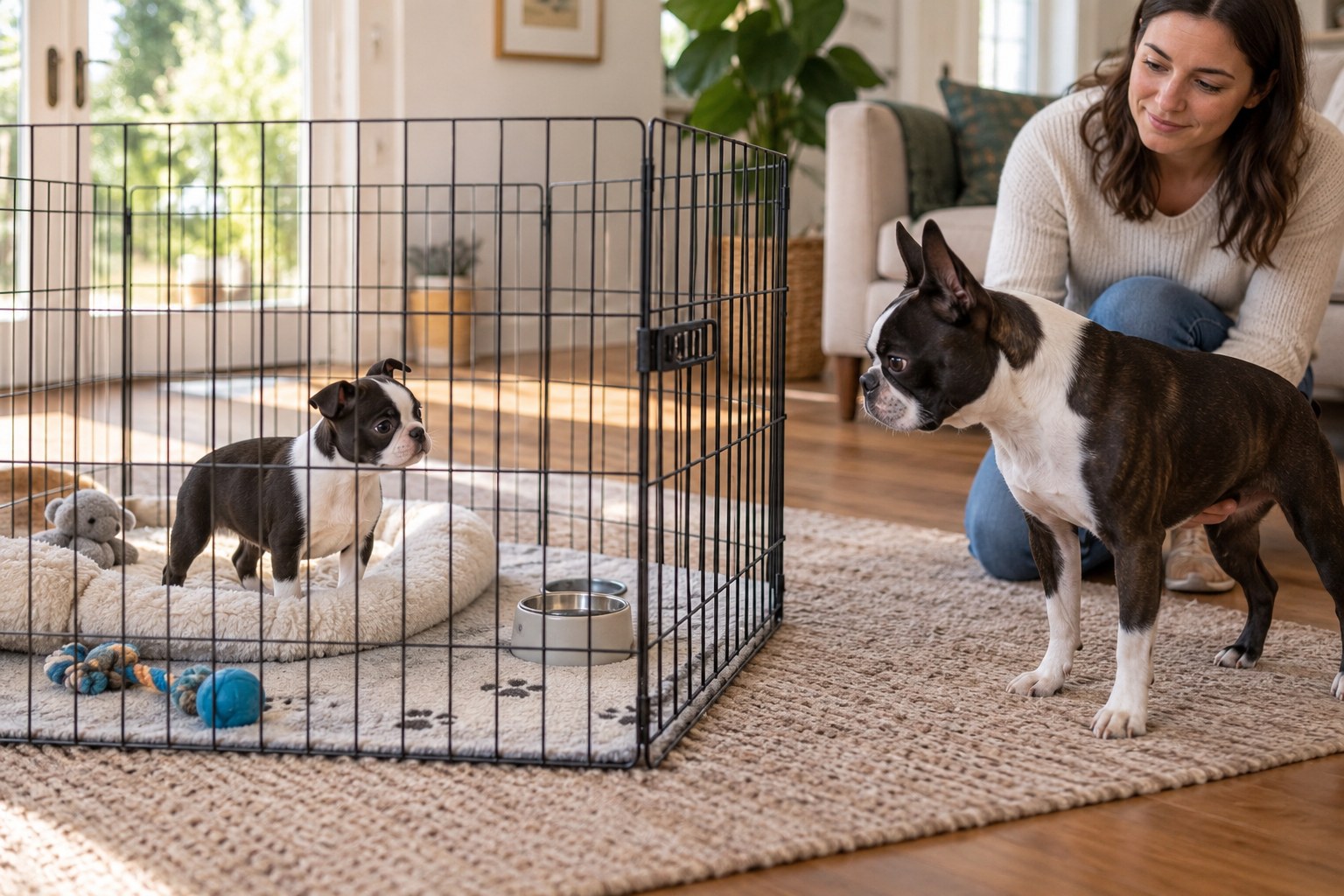 An open spacious puppy pen with soft bed, water and clear floor space, Boston Terrier standing outside looking in, adult supervising.