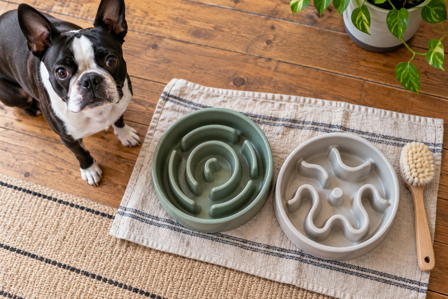 Top-down comparison of two empty washable slow-feeding dog bowls with simple broad channels, with a washing brush beside them.