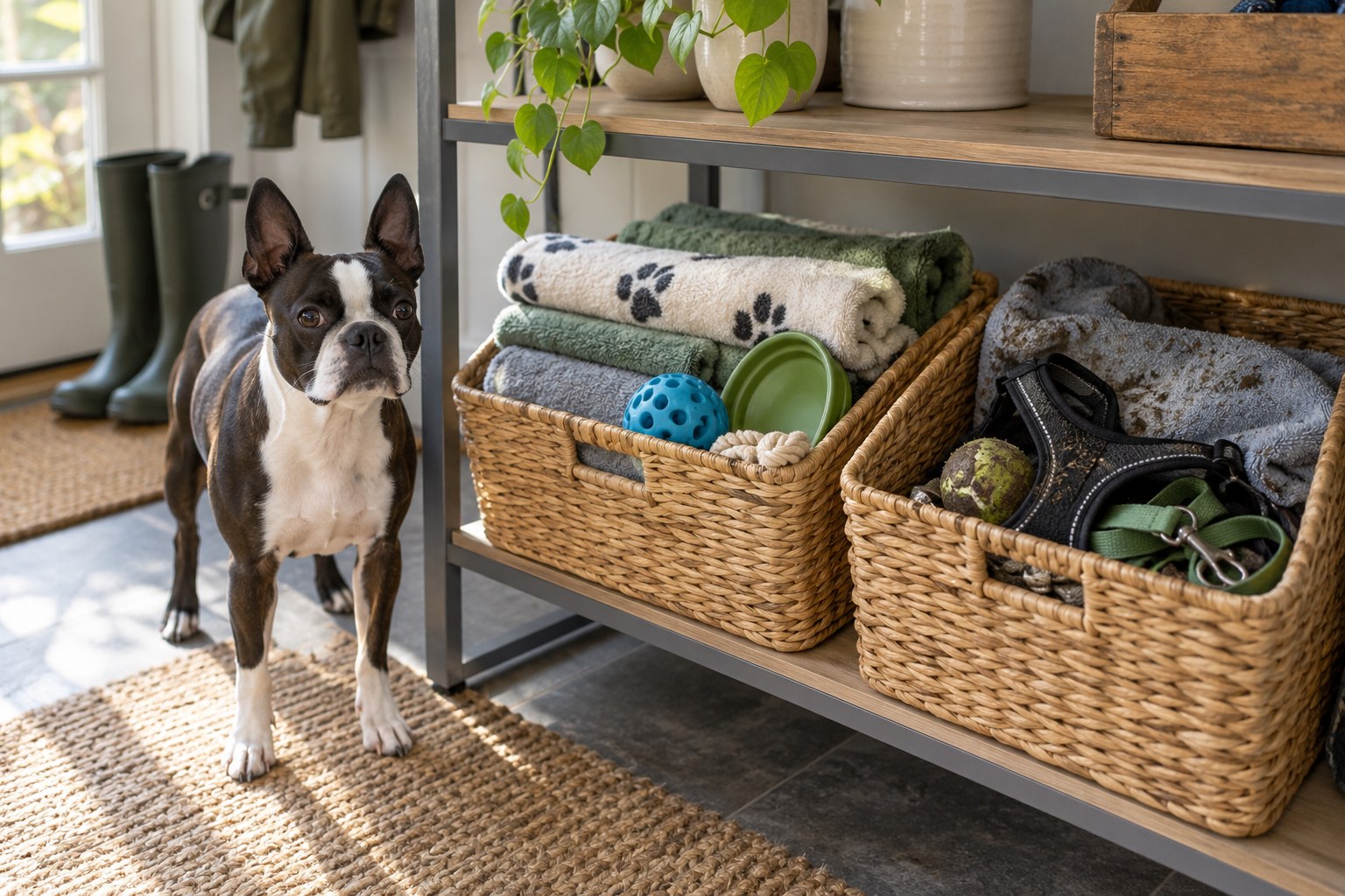 Two separate baskets on a utility shelf: freshly folded dog towels and clean gear in one, used walking gear in the other, no labels or words.