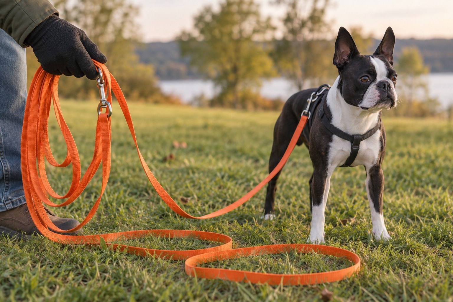 An orange dog long line laid in loose loops on grass, sturdy metal clip and gloved hand holding line clearly visible, no tangles around dog.