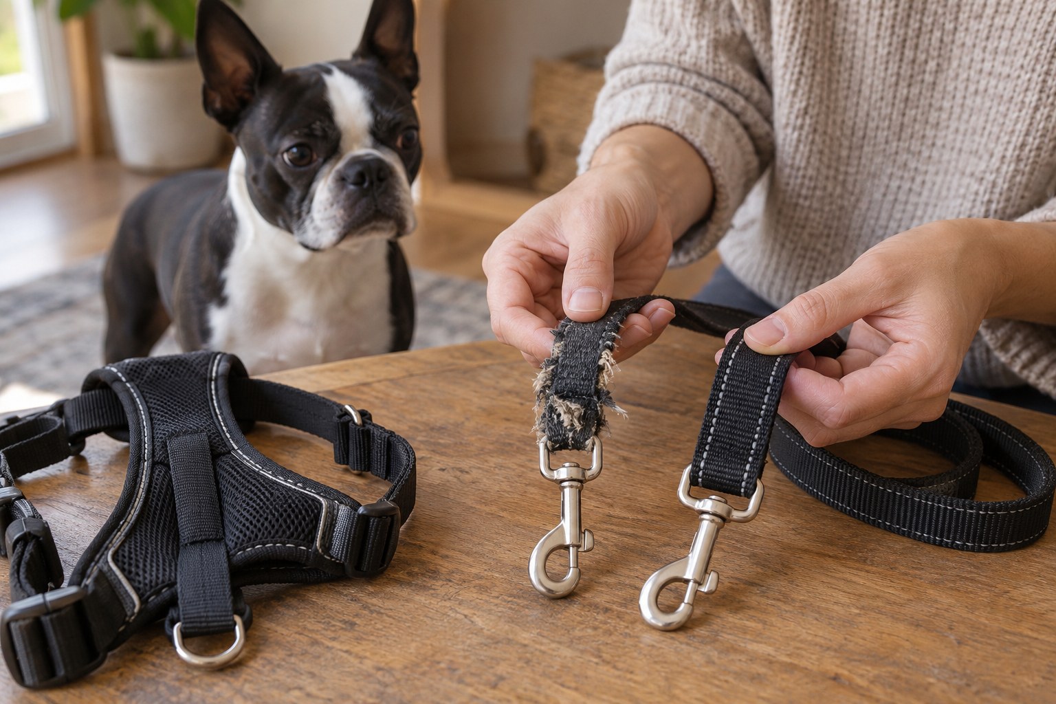 Close inspection of a frayed dog leash edge next to an intact replacement and plain harness on a work surface, hands comparing condition.