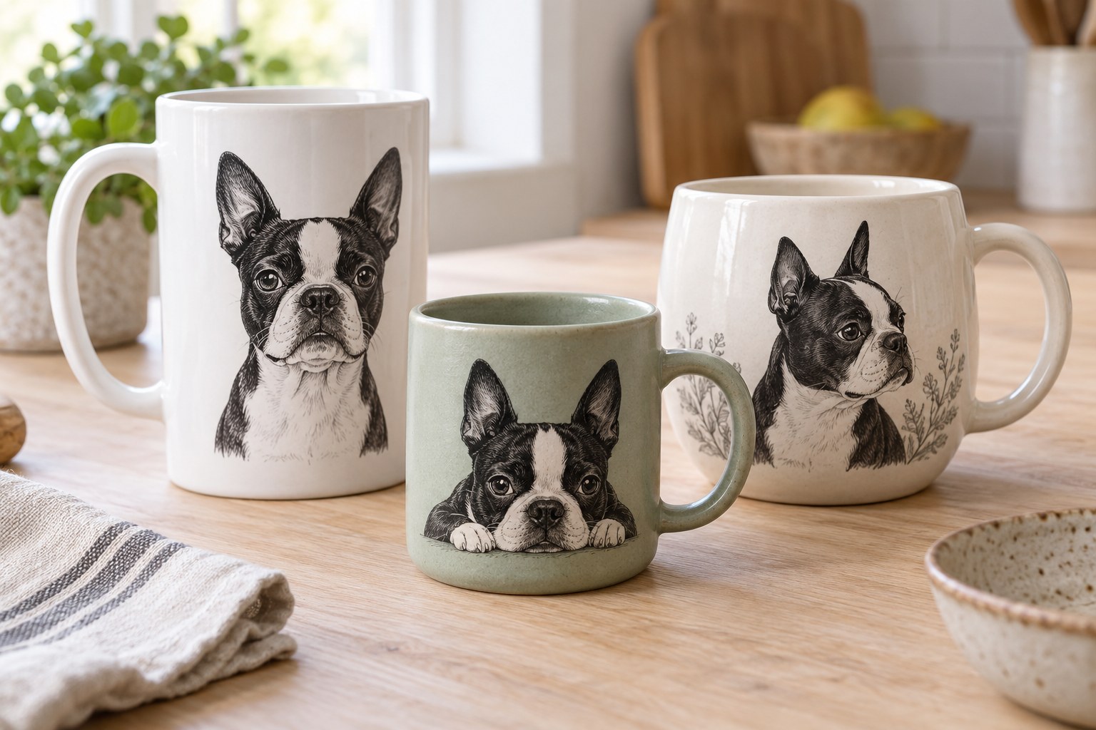 Three ceramic mugs of different shapes with original Boston Terrier illustrations.