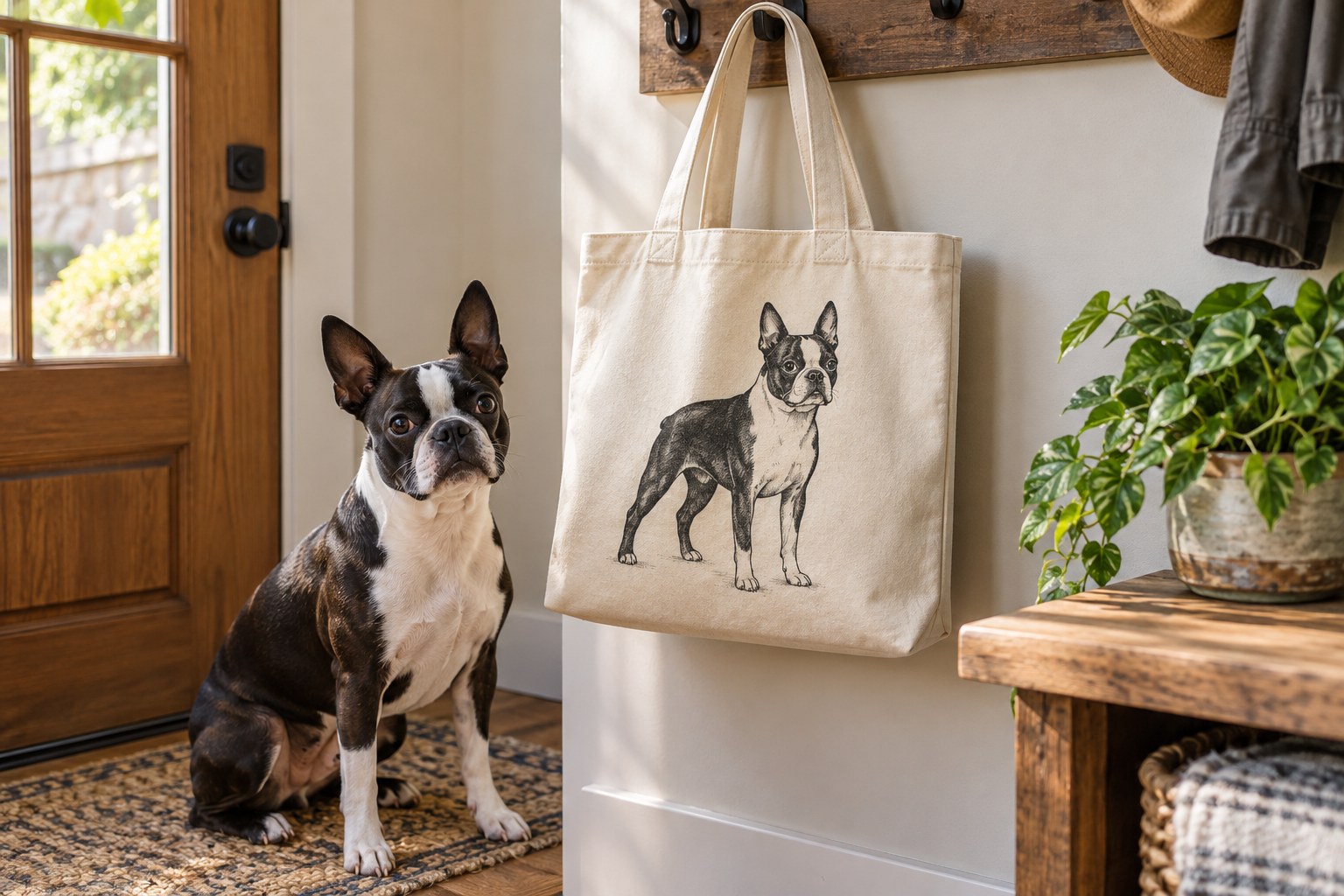 Natural cotton tote hanging from a hook with original Boston Terrier line illustration, wide handles and reinforced seams clearly visible.