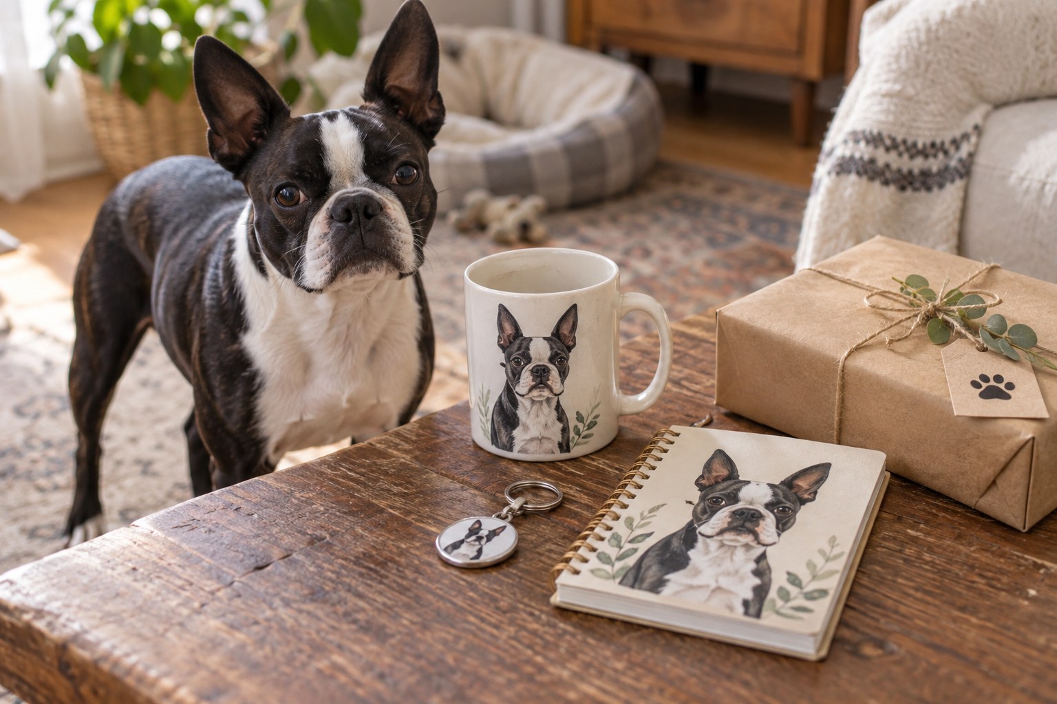 Small size-independent Boston Terrier themed gift grouping: original illustrated mug, notebook and keyring beside simple brown gift wrap.