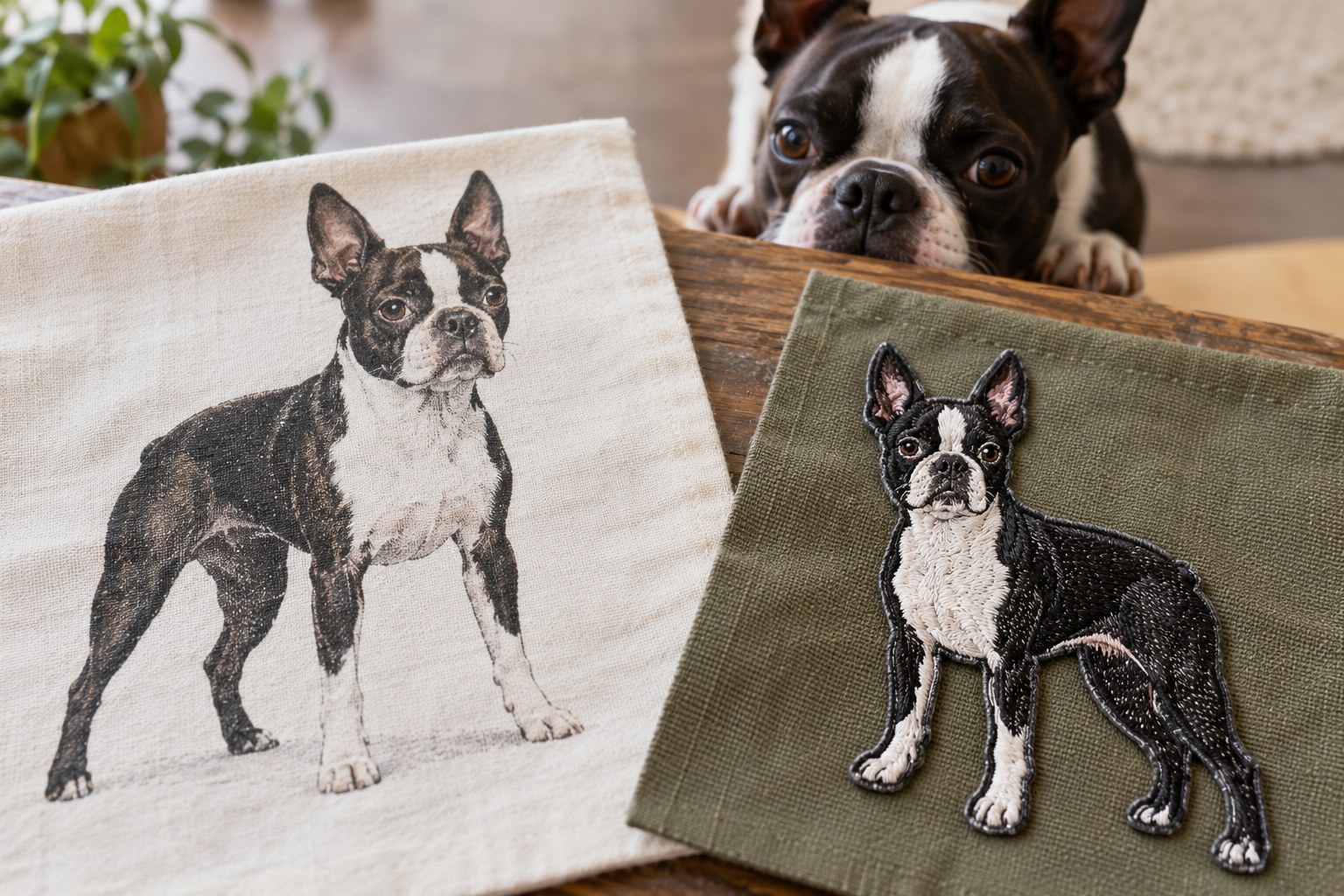 Macro comparison of a Boston Terrier printed illustration on cotton and an embroidered Boston Terrier patch on another fabric swatch, distinguish ink and thread texture.