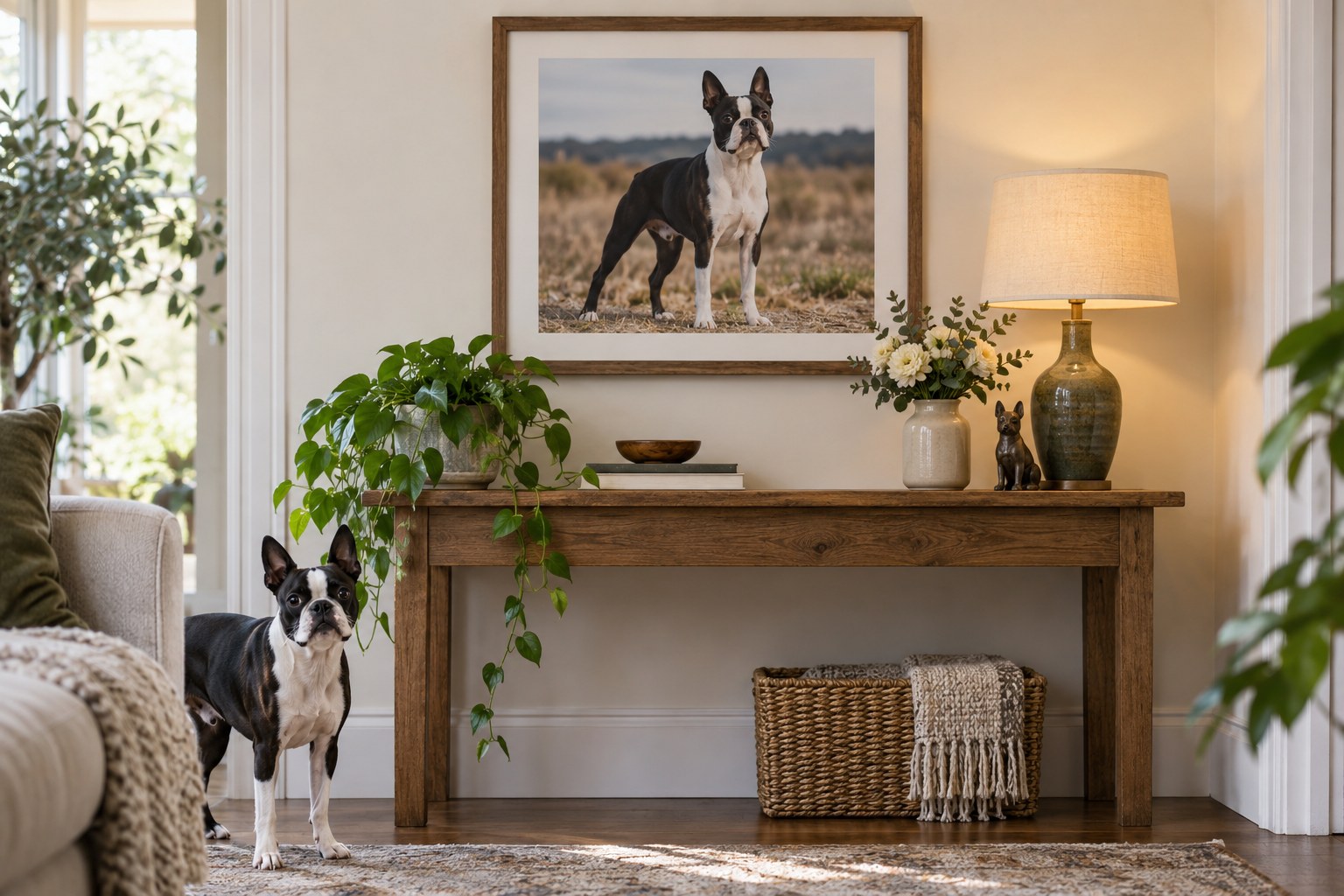 Original framed Boston Terrier art above a narrow living room console, frame dimensions visually suit the wall and furniture.