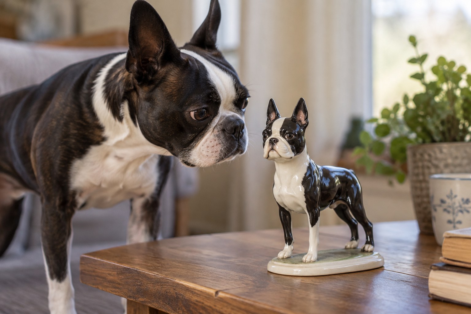 Close product photograph of a small original glazed ceramic Boston Terrier figurine, square smooth face, pointed erect ears and white blaze, visible base.