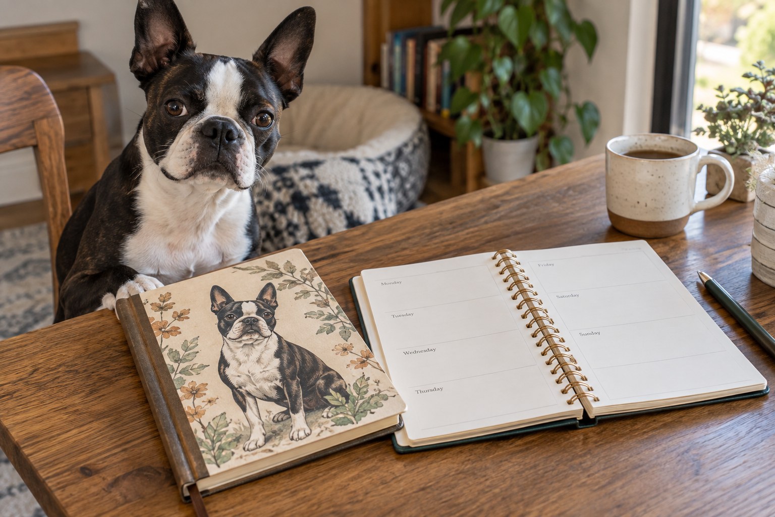 An original Boston Terrier illustrated notebook beside an open blank weekly planner, visible binding and paper texture.
