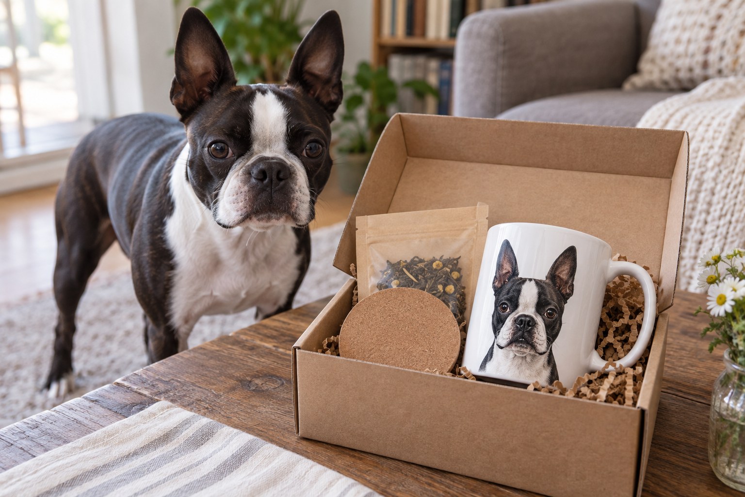 Small gift set built around one original Boston Terrier illustrated mug, with a tea sachet and plain coaster in an open cardboard gift box.