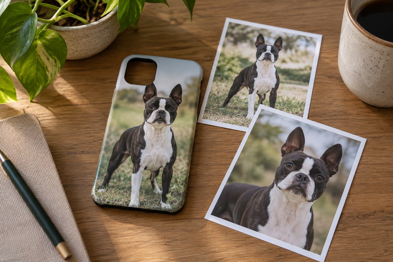 A plain phone case printed with an original Boston Terrier photograph next to two small source dog photographs on a desk, no brand or UI.