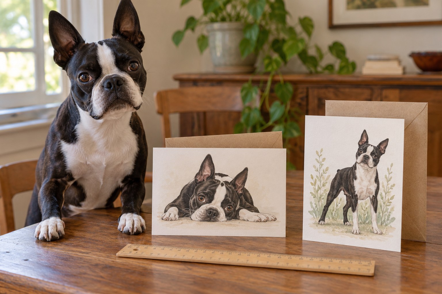 Two original Boston Terrier greeting cards of different formats beside their envelopes and a plain ruler, no readable card text.