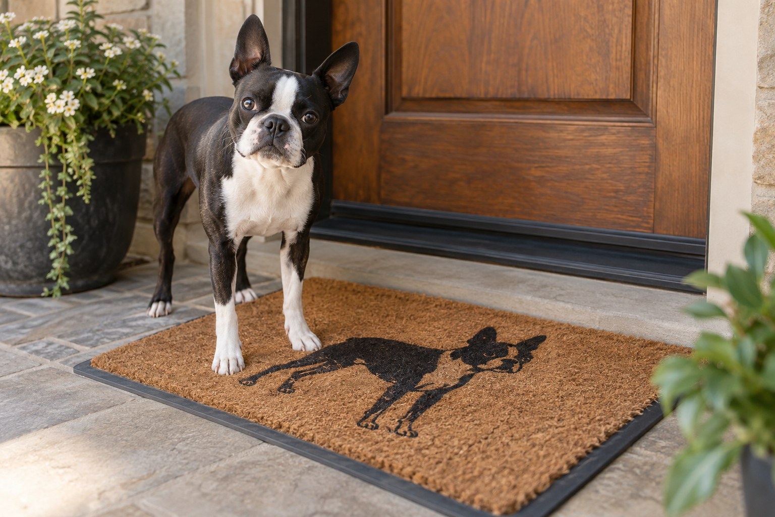 Coir doormat with original Boston Terrier silhouette at a covered doorway, textured pile and nonslip edge visible.