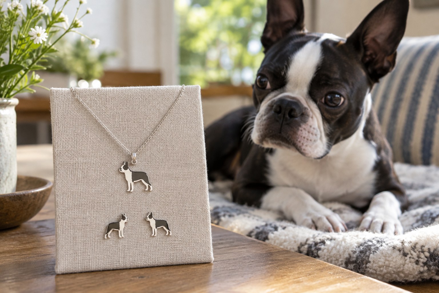 Original plain silver Boston Terrier silhouette necklace and small matching earrings on a linen display card, no brand or text.