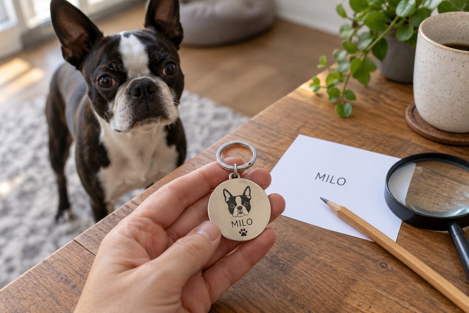 Desk with original sample Boston Terrier personalised keyring and simple order proof reading only MILO, magnifying glass and pencil nearby.
