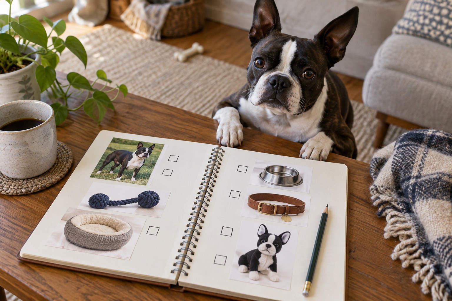 An open wish-list notebook with small photo cutouts of original Boston Terrier gifts, pencil, and several empty checkboxes without readable text.