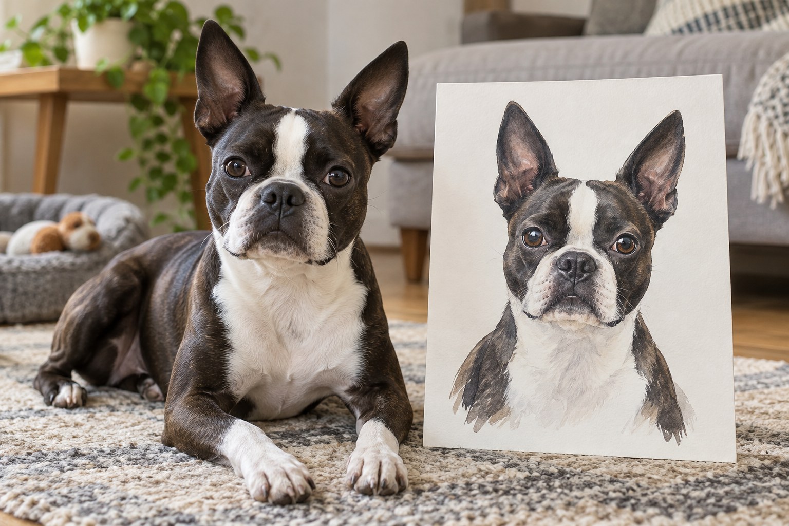 An artist's original Boston Terrier illustration next to a photograph of a real-looking Boston Terrier