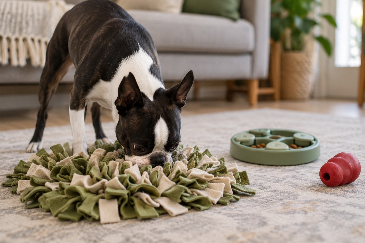 Three supervised indoor enrichment options arranged apart: a snuffle mat, simple puzzle feeder and rubber toy