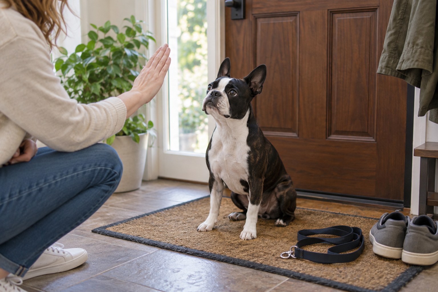 An owner giving a calm hand cue near a front door while a Boston Terrier waits on a mat, shoes and leash prepared, no force.