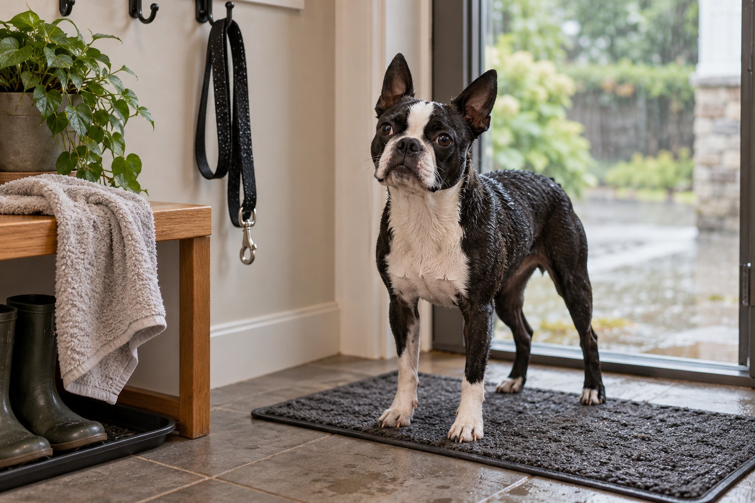 Tidy rain-ready entry area with a wet plain leash on a hook, absorbent towel on a low bench and a Boston Terrier on a washable floor mat.