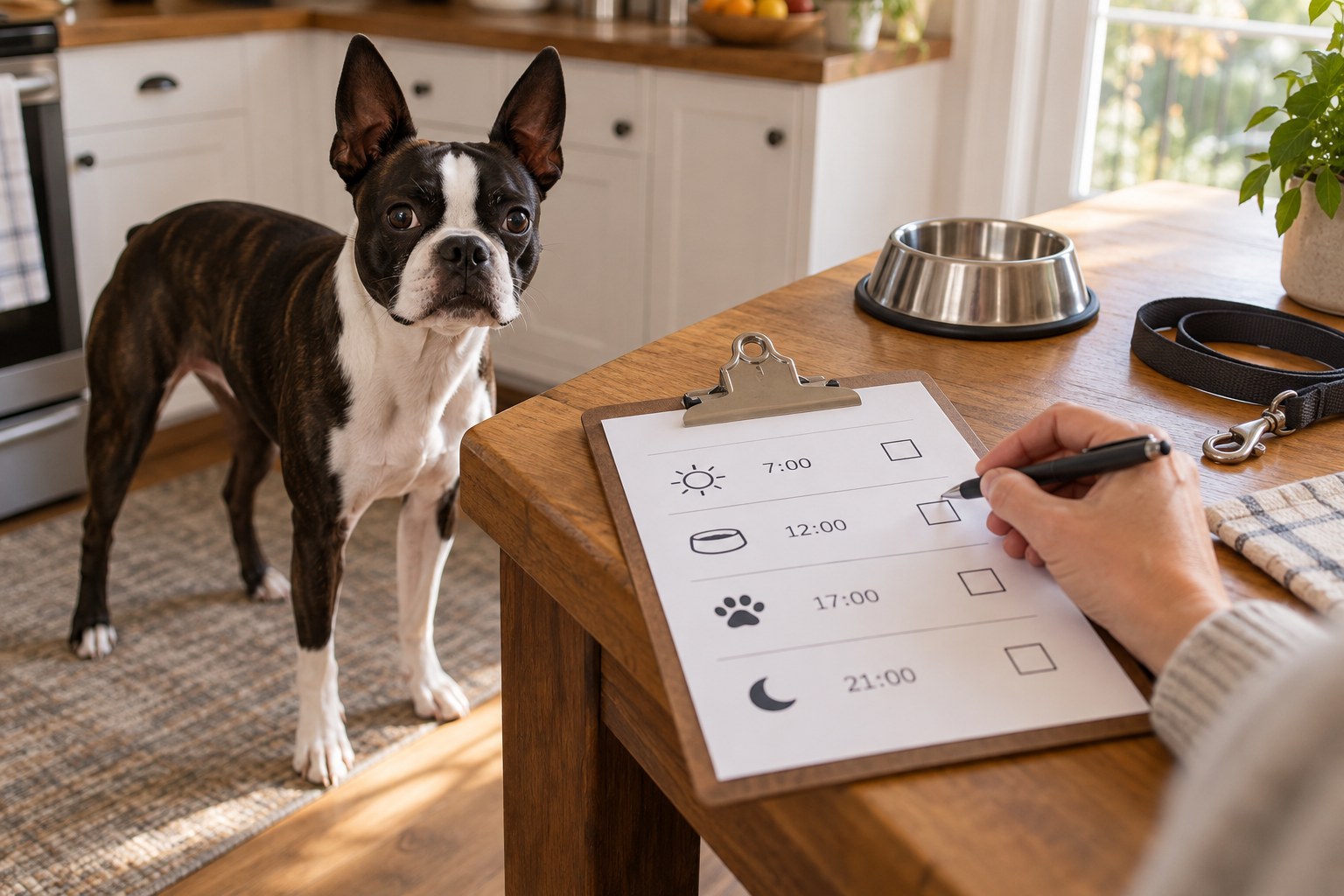 Family care note on a kitchen clipboard with simple time rows and checkboxes, plain leash and bowl nearby, no readable personal information.