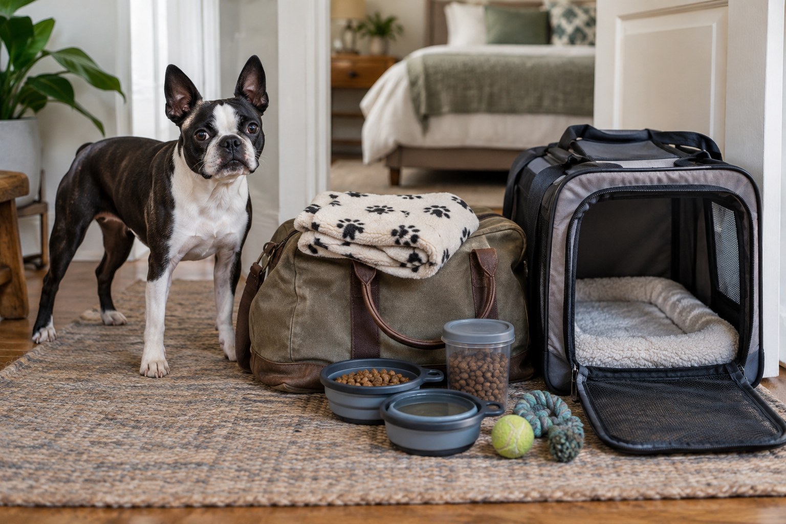 Small overnight bag with dog blanket and feeding kit laid beside an open carrier in a calm guest-room doorway, Boston Terrier nearby.