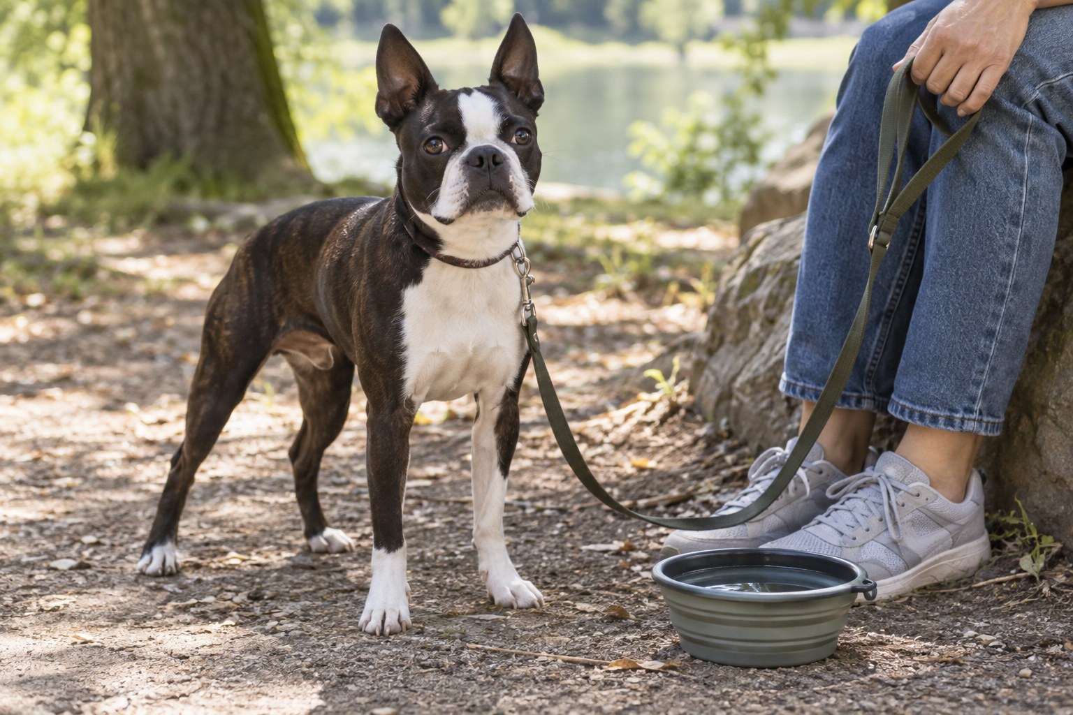 Boston Terrier standing during a calm shaded outdoor walk with loose leash and water bowl beside owner, mild natural daylight, no strenuous exertion.