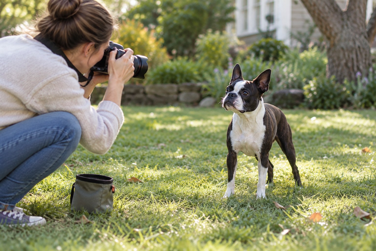 Owner crouched at a comfortable distance using a small camera to photograph a relaxed Boston Terrier on grass, reward pouch nearby, dog free to move.