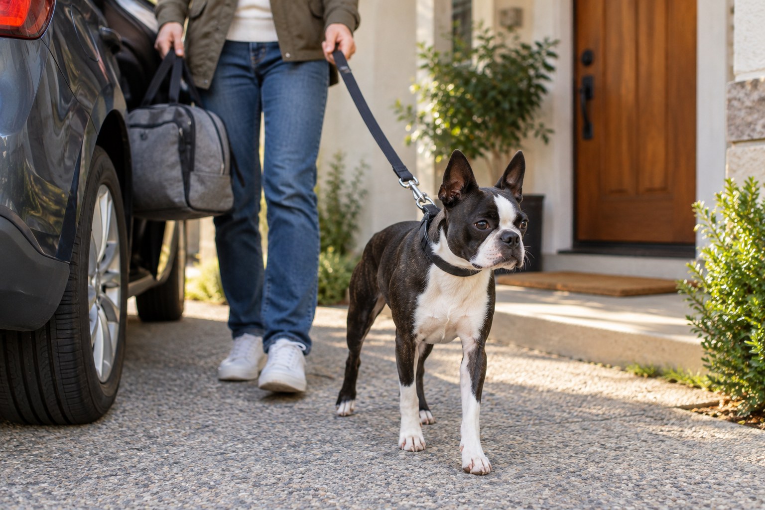 Calm Boston Terrier on leash arriving beside a parked car at a quiet home's entrance, owner holding travel bag and allowing space.