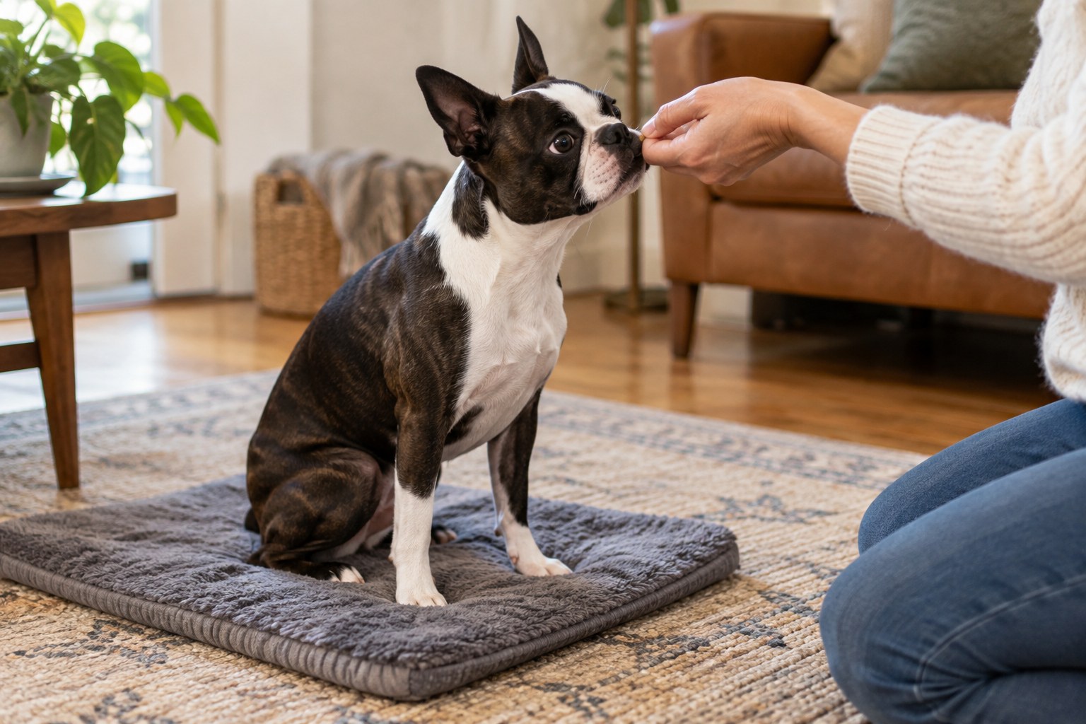 Boston Terrier receiving a small reward from an owner's hand near a settling mat during a brief quiet indoor training moment.