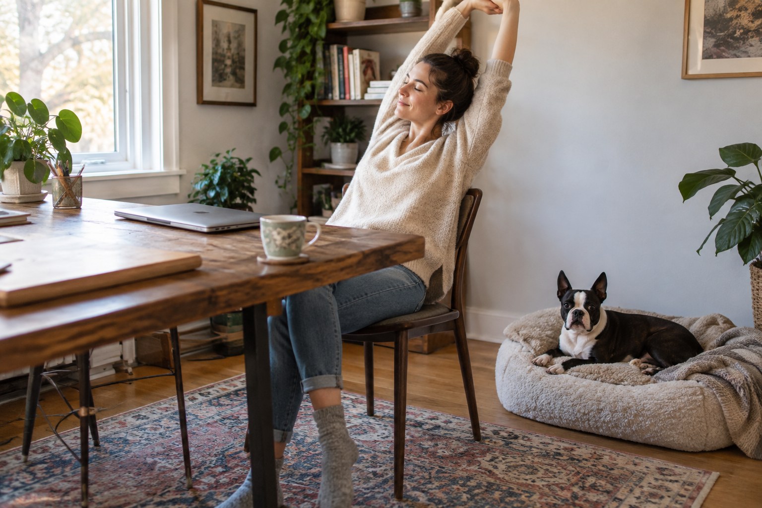 Home working desk with laptop closed for a break, owner stretching beside a Boston Terrier resting on a nearby floor bed, clear dog-care break setting.