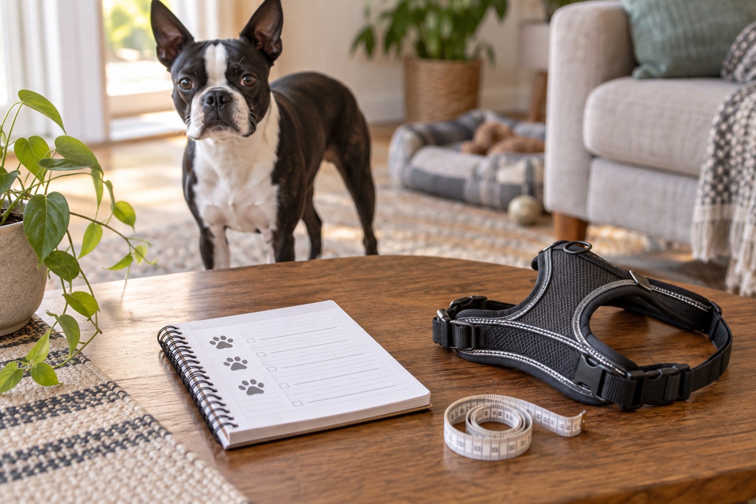 Dog-fit notebook beside a soft tape and plain harness on a table, Boston Terrier standing calmly in the background, no numeric measurements needed.