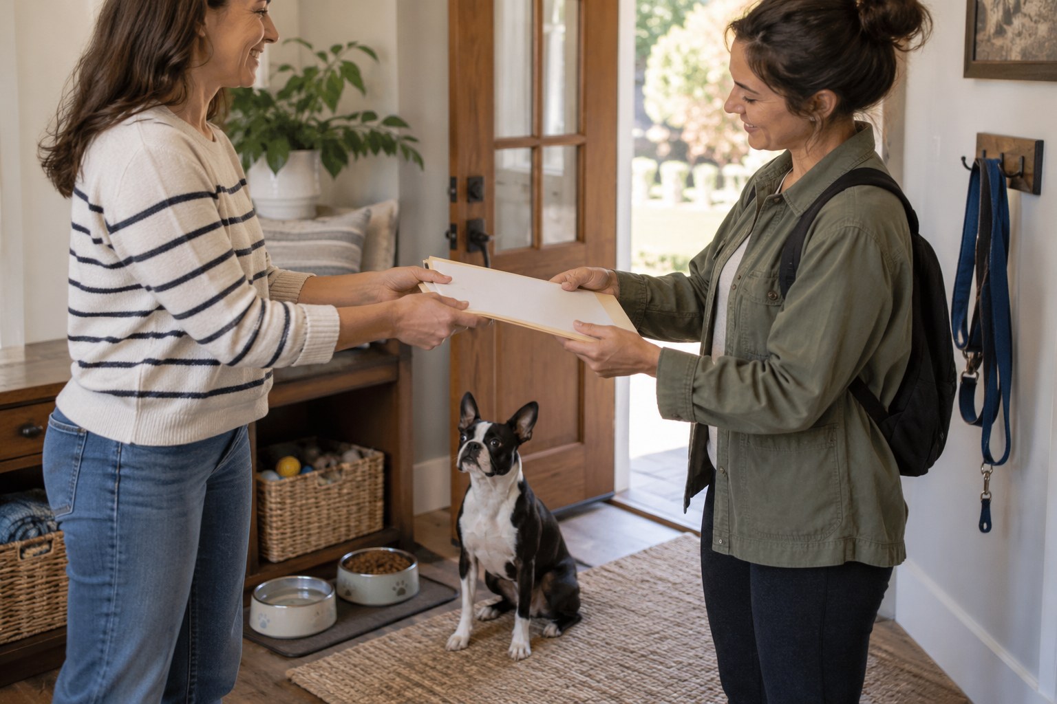 Owner handing a pet-sitter a simple paper care folder beside an organised bowl and leash area