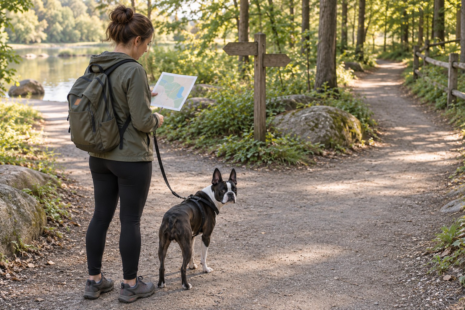 Owner checking a simple printed local path sketch at a familiar park junction with Boston Terrier on leash, alternate clear walkway visible, no place names.