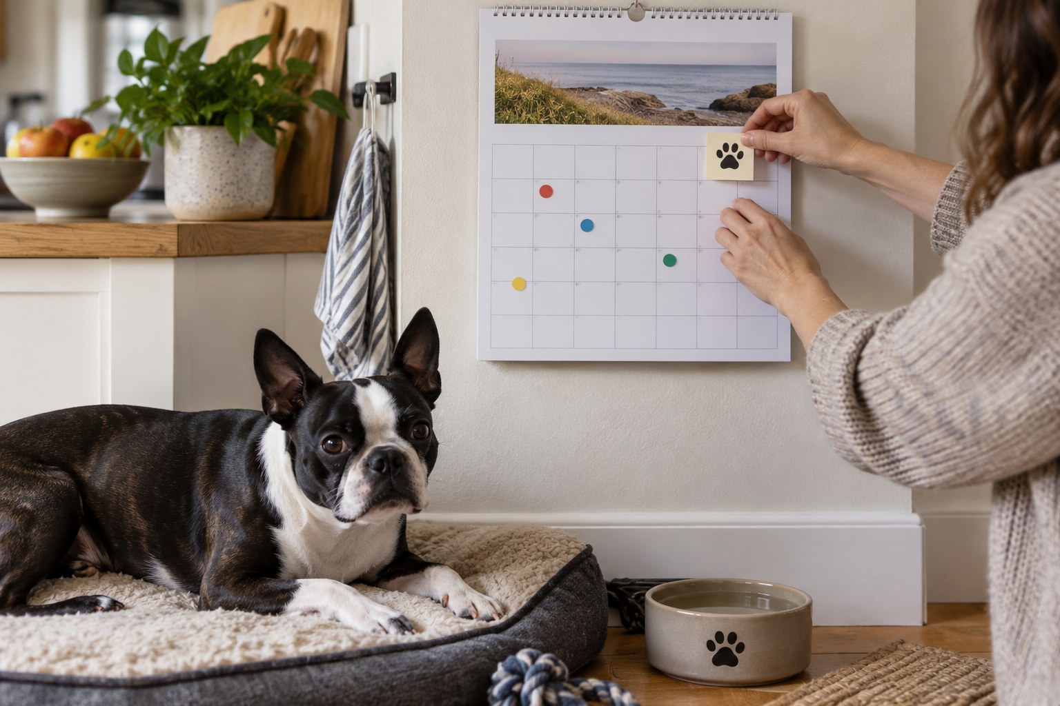 Kitchen wall calendar and dog-care note being rearranged by a hand, Boston Terrier resting below, blank squares and simple coloured markers only.