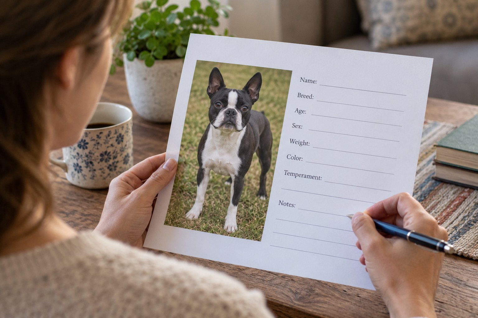 Hands reading a printed generic dog profile with one Boston Terrier photograph and structured blank fields, pen poised for questions, no invented adoption status.