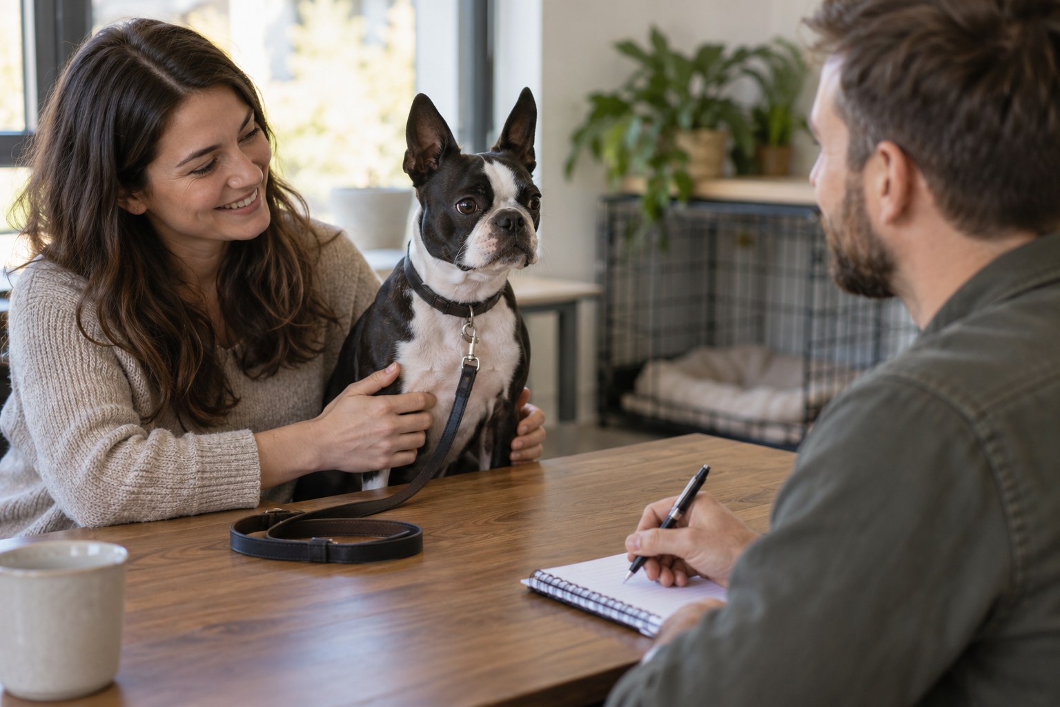 Two adults sitting across a desk discussing a dog adoption conversation with a question notebook, leash on table and no identifiable rescue logo.