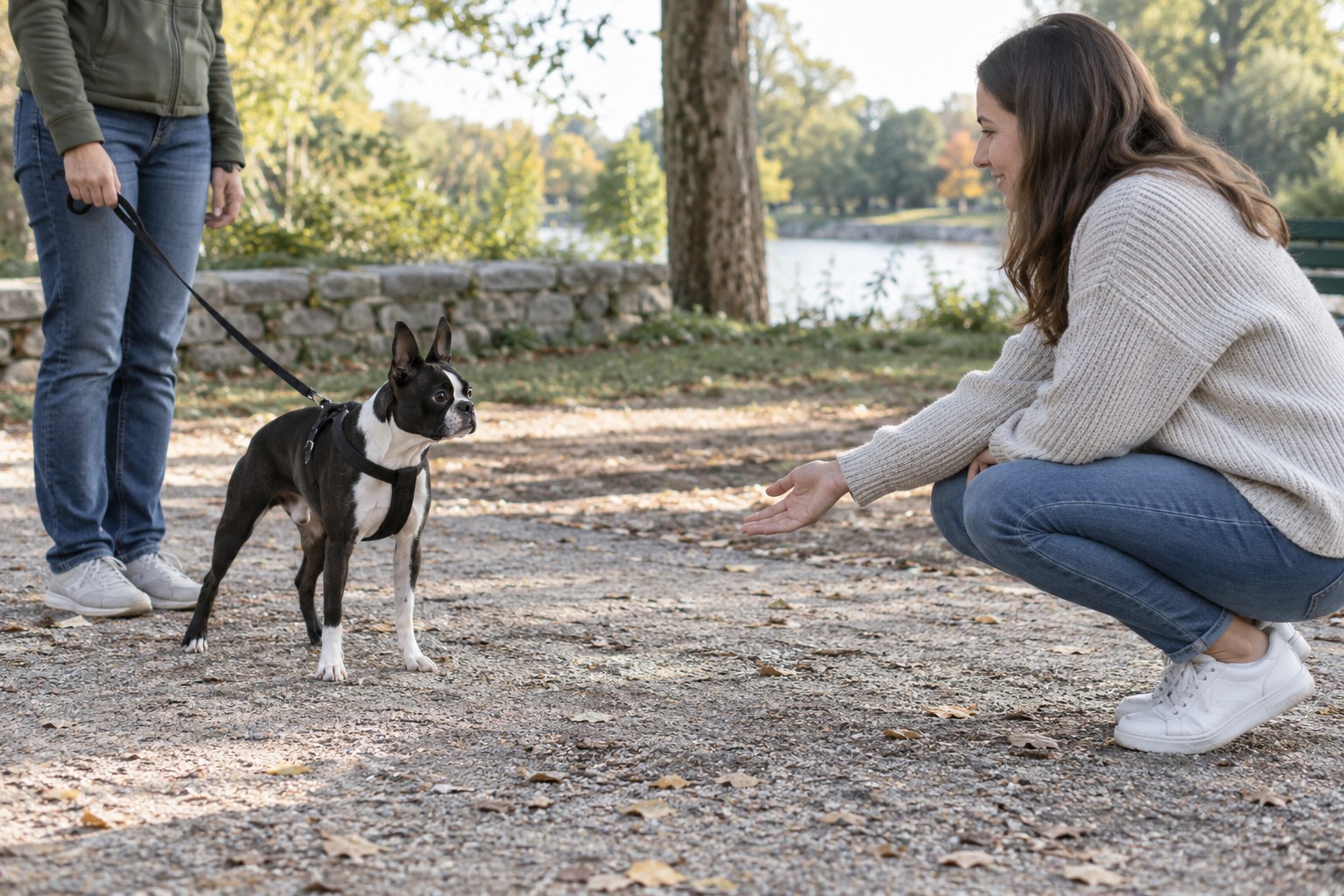 A prospective carer kneels at a distance from a Boston Terrier on a loose lead during a calm outdoor meeting.