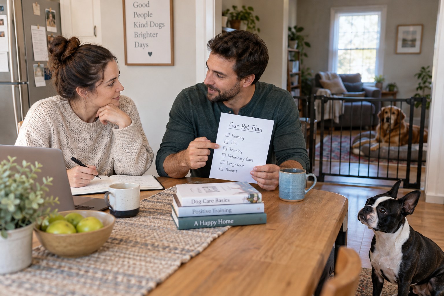 Two adults discuss a pet-care plan at a table while a Boston Terrier waits beside them and a household gate.